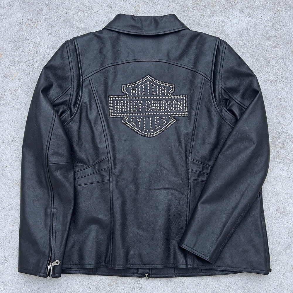 Harley Davidson Leather Jacket Womens 1W Black Studded Rhinestone Logo Biker Y2K
